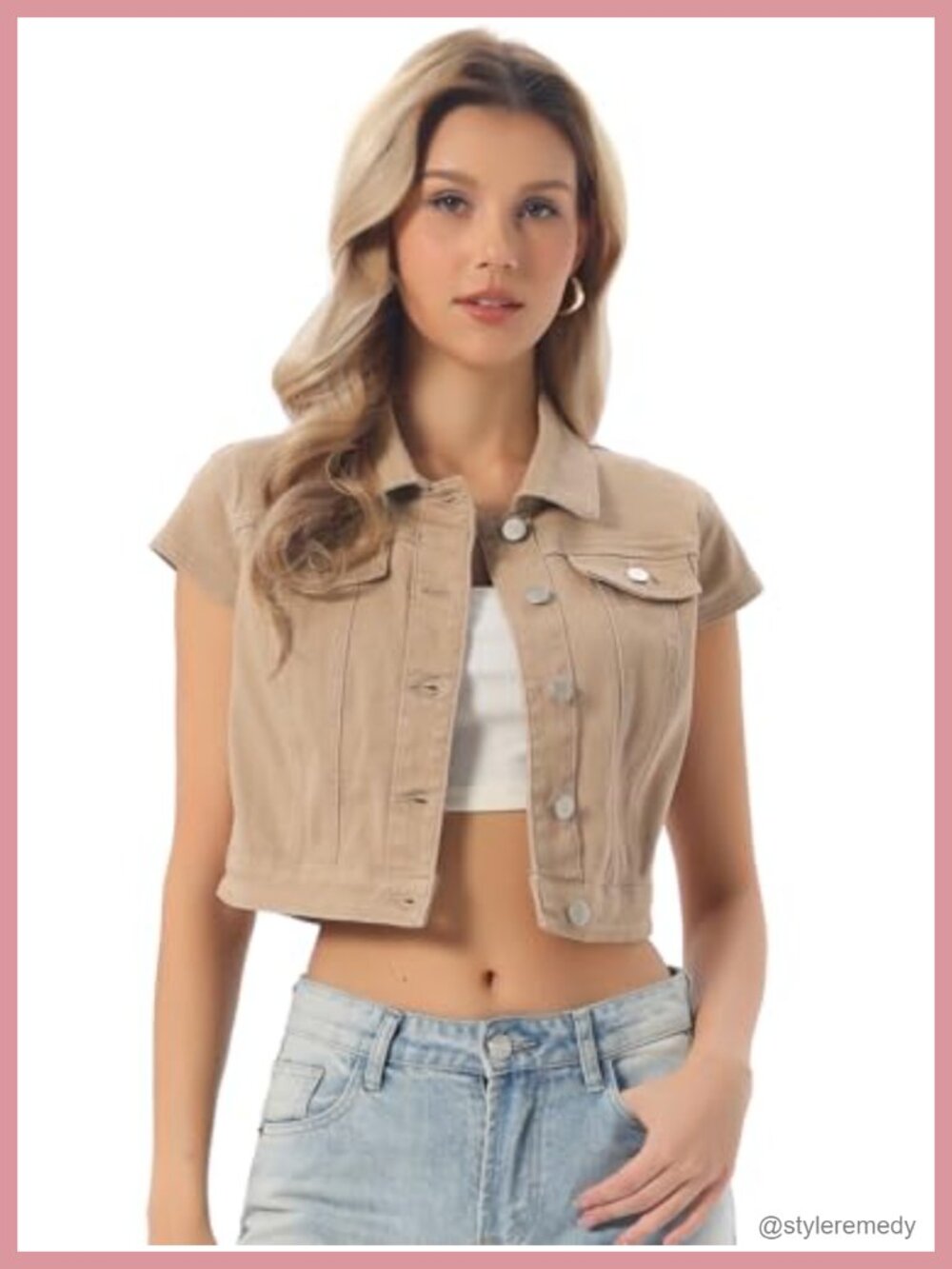 Women's Cropped Denim Jacket Short Sleeve Jean Jacket Summer